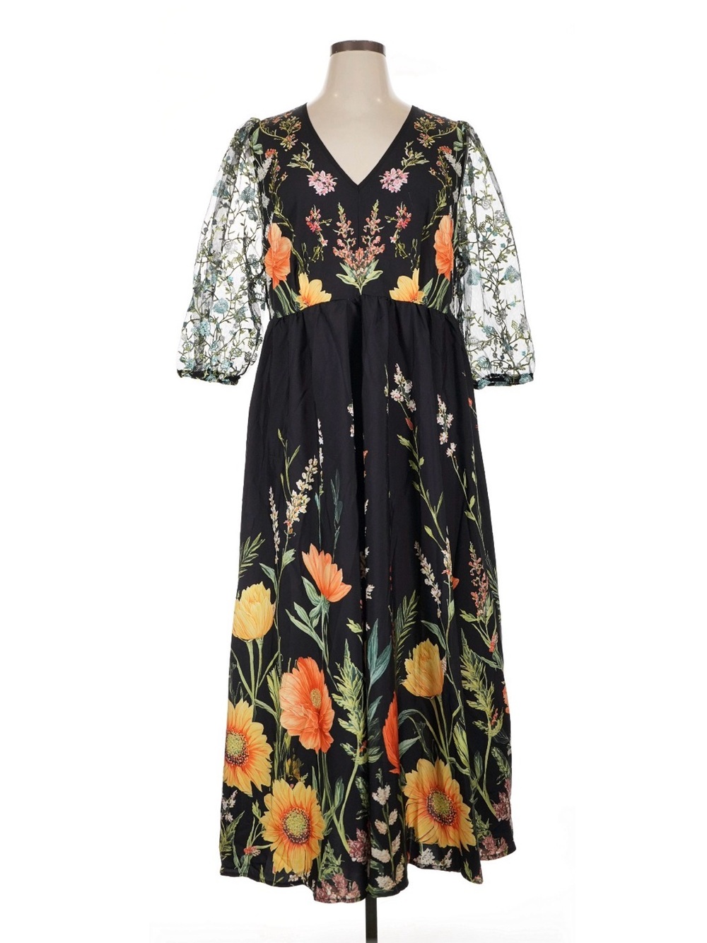 SHEIN Black Midi Dress with Orange & Yellow Floral Embroidery